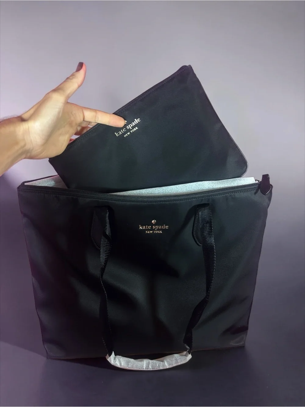 Kate Spade New York Mel Packable Tote Black Nylon Travel Bag & Pouch NWT